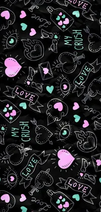 This phone live wallpaper features dynamic black background art with chalk, heart, and bandana shapes