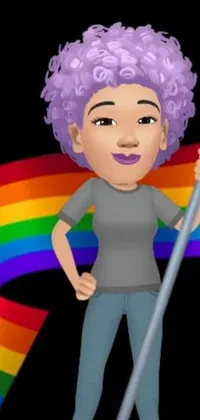 This fun and colorful phone live wallpaper features a cartoon image of a woman with purple hair holding a rainbow flag