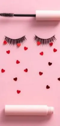 This phone live wallpaper features a charming pink background adorned with delicate eyelashes, mascara, and heart elements