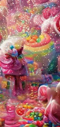 This live wallpaper for your phone showcases a close-up of a cellphone featuring a picture of a vibrant Candy Land