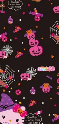 This Halloween live wallpaper features a pattern of spooky and festive items on a black background