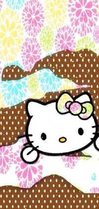 This phone live wallpaper features Hello Kitty on a flowery background, with a pop art vibe and a chocolate element