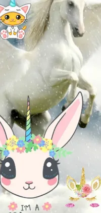 Looking for a magical live wallpaper for your mobile device? This enchanting scene features a unicorn and cat frolicking in the snow! The unicorn is majestically adorned with wings and glittering hooves while the cat adds a playful touch! Both animals are covered with a light frosting of snow, adding a wintry appeal to the scene