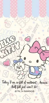 This live wallpaper showcases the iconic character Hello Kitty, as she sits in a cute pose hugging her knees, on a pale background