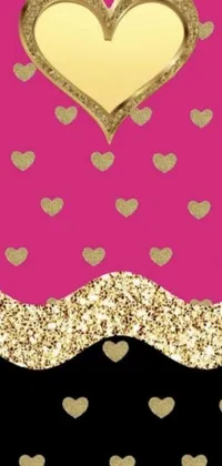 This live wallpaper features a dazzling golden heart set against a background of black and bright pink hues