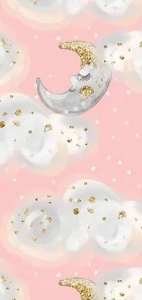 This lively phone wallpaper boasts a charming pink backdrop enhanced by fluffy white clouds and shimmering gold stars