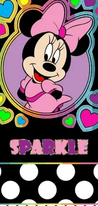 This lively and vibrant phone live wallpaper boasts a playful image of Minnie Mouse against a dynamic polka dot background, enhanced by stipple, dribble, and pop art effects