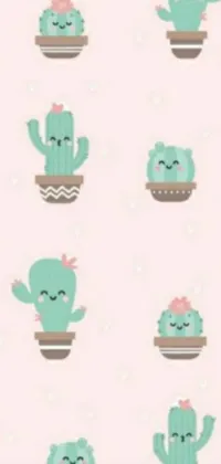 This live phone wallpaper showcases a beautiful pattern of kawaii chibi cacti and succulents, designed in shades of green on a soft pink backdrop