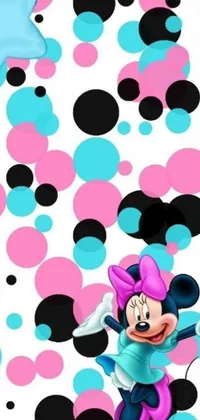 This vivid and vibrant phone live wallpaper features a delightful Minnie Mouse character bouncing around on the screen amidst cute polkadots and hearts