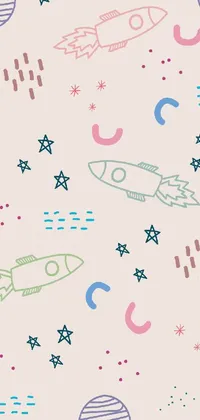 This live phone wallpaper features an adorable pattern of spaceships and stars set against a pink background