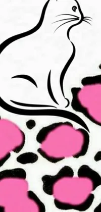 This stunning phone live wallpaper features a white spotted cat sitting atop a bed of animated pink hearts
