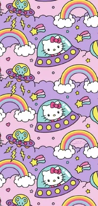 This fun and playful phone live wallpaper features a variety of adorable hello kitty designs against a vibrant purple backdrop