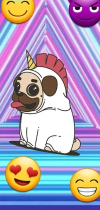 This phone live wallpaper features a hilarious image of a cute pug dressed up as a unicorn surrounded by a variety of emoticons