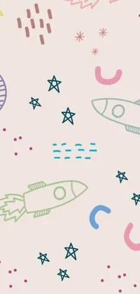 This live wallpaper features a childlike pattern of rockets and stars against a pink background, with light and space design elements