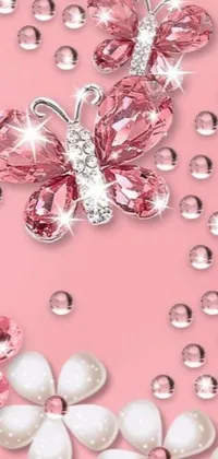 Introducing a stunning live wallpaper for your phone- a pink butterfly surrounded by bubbles on a pink background with crystal details