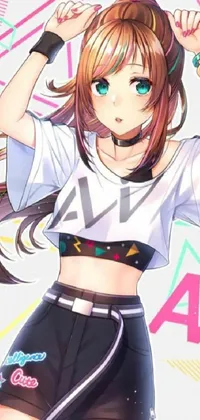 This is a striking anime live wallpaper featuring a joyful girl in a white shirt and black shorts dancing against a holographic "A