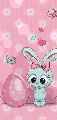 This phone live wallpaper is perfect for Easter, featuring a cartoon bunny holding an egg set against a pink background