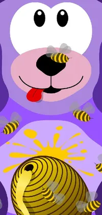 This lively phone wallpaper features a playful purple teddy bear sitting beside a buzzing beehive, surrounded by colorful vector graphics
