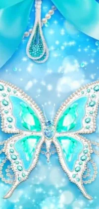 This mesmerizing phone live wallpaper showcases a close-up of a butterfly against a vivid blue backdrop, digital artwork consisting of crystal and diamond formations