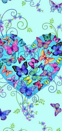 This mobile live wallpaper features a heart bursting with vibrant butterflies set against a lovely blue backdrop