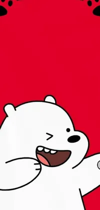 Looking for a fresh and fun new live wallpaper for your phone? Check out this delightful design featuring a whimsical white bear! Against a striking red background, the bear stands tall with a big smile on its face