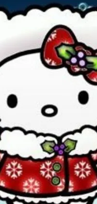 This live wallpaper showcases an adorable Hello Kitty character standing amidst a beautiful snowy landscape