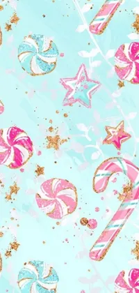 This live phone wallpaper features a unique pattern of candy canes and stars on a blue background, with a playful and festive feel, perfect for the holiday season