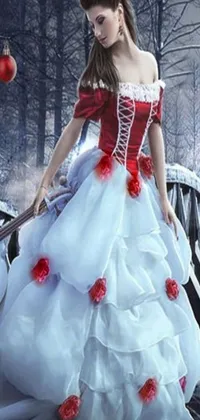 This stunning phone live wallpaper features a woman in a red and white dress standing on a beautifully-designed bridge
