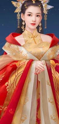 Get the most stunning live wallpaper for your phone! The wallpaper showcases a beautiful woman in a luxurious red and gold celebration costume with intricate golden patterns and embroidery