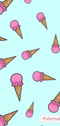 This phone live wallpaper features a bright blue background patterned with colorful ice cream cones, perfect for those who love all things sweet and playful