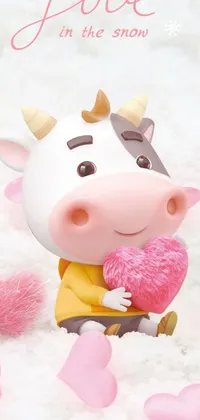 This phone live wallpaper features a cute cow figurine cradling a pink heart, in high detail and realism