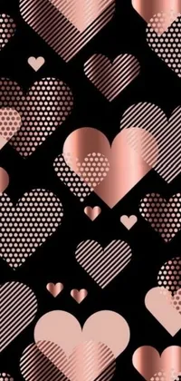This live wallpaper features a charming vector art pattern of hearts in varying sizes and shapes, with some outlined in a metallic rose gold color