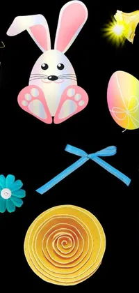 Looking for a fun and playful live wallpaper for your phone? Look no further than this trending design on pixabay! Featuring a cute bunny, colorful paper decorations, and bright ribbon accents set against a black background, this digital art creation is sure to catch your eye