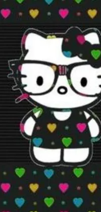 This live wallpaper features an adorable Hello Kitty character wearing glasses and surrounded by hearts on a black background