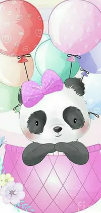 This phone live wallpaper showcases an adorable black-and-white panda bear in a golden basket surrounded by multicolored balloons, set amidst a soft pastel background by Silvia Dimitrova