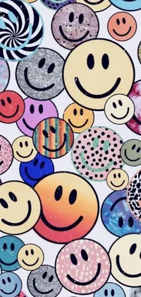 Looking for a fun and playful phone wallpaper that's sure to brighten up your day? Check out this amazing design featuring a variety of colorful smiley faces and retro-inspired patterns
