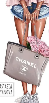 Try out this chic and stylish live wallpaper featuring a beautiful drawing of a woman holding a fashionable Chanel bag with floral accents