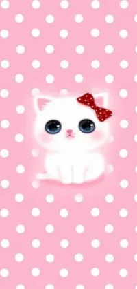 This phone live wallpaper features a charming white cat with endearing round eyes and a red bow on its head set against a pale pink background strewn with cute polka dots