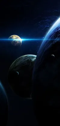 This live wallpaper for your phone depicts an otherworldly scene of multiple planets in space against a deep blue background