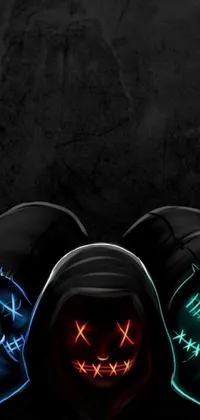 Looking for a dark and mysterious phone live wallpaper? Look no further than this cyberpunk-inspired design! Three glowing masks take center stage against the digital art backdrop, with a hooded figure adding to the enigmatic scene