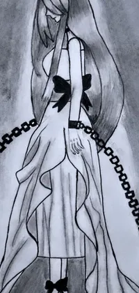 Enhance your phone's display with this visually stunning Live Wallpaper - a striking drawing of a woman wearing a white robe with a chain around her neck, inspired by gothic art and literature