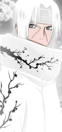 This phone live wallpaper features a stunning anime scene of a white-haired character standing in front of a majestic tree