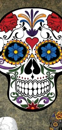 Get this eye-catching phone live wallpaper featuring a close-up image of a skull adorned with colorful flowers