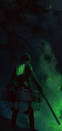 This phone live wallpaper depicts two people standing in a dark and eerie atmosphere with a green radioactive glow