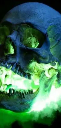This phone Live Wallpaper boasts a captivating close-up of a skull, emanating smoke and surrounded by glowing green runes