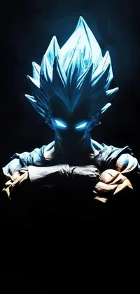 This Dragon Ball Z live phone wallpaper presents a well-detailed 3D statue of Vegeta in his Super Saiyan Blue form