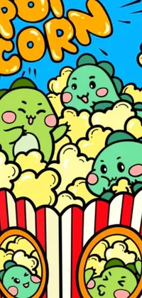 This animated phone wallpaper showcases a colorful popcorn box filled with adorable cartoon characters and movie poster art