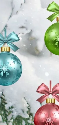 Get into the holiday spirit with this stunning phone live wallpaper featuring beautiful Christmas ornaments hanging from a tree in snowy surroundings