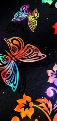 Enjoy a stunning live wallpaper on your phone! Our latest design features a group of colorful butterflies fluttering around on a sleek black background! Enhanced with vibrant neon flowers, this digital art image will captivate you