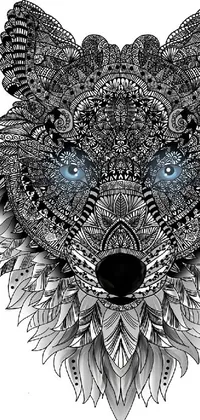 This black and white wallpaper features a stunningly detailed drawing of a wolf's head on a white background